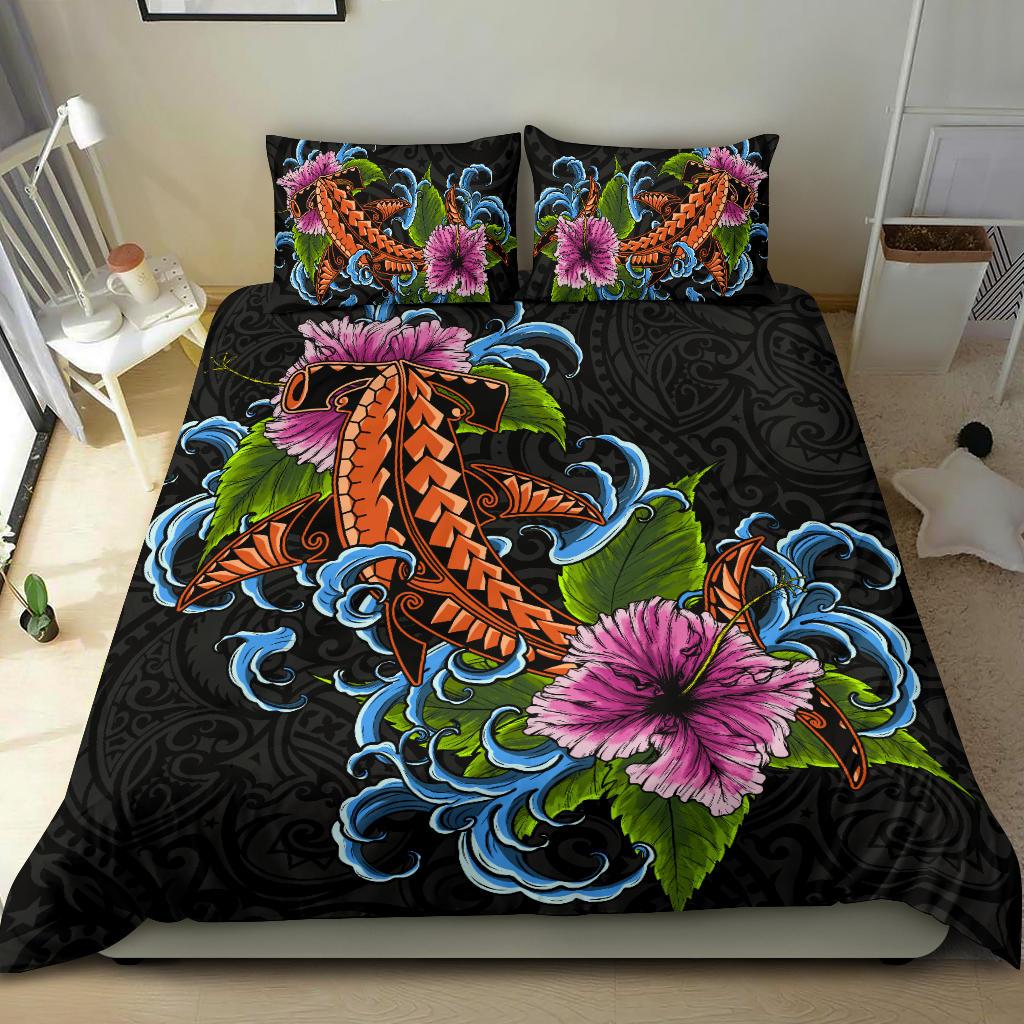 Hawaii Duvet Cover Set - Polynesian Shark Hibiscus Black - Polynesian Pride