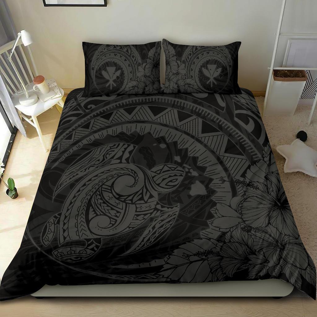 Hawaiian Map Kanaka Honu Hibiscus Gray Globular Polynesian Bedding Set - Polynesian Pride