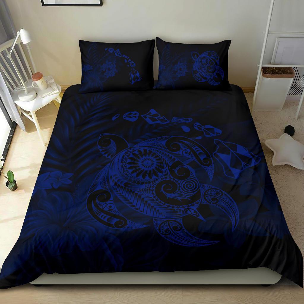 Hawaiian Map Turtle Tattoo Hibiscus Plumeria Polynesian Bedding Set - Blue - Polynesian Pride