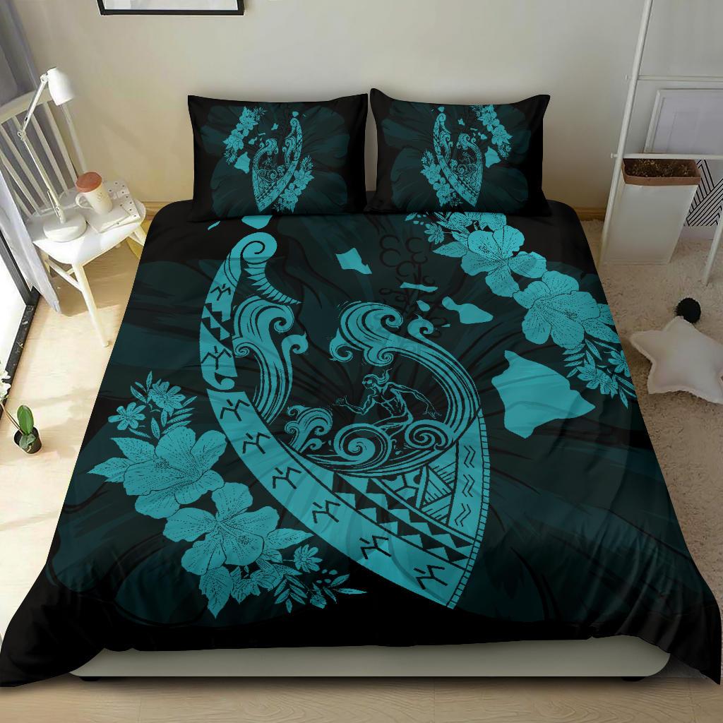 Hawaiian Fish Hook Hibiscus Banzai Surfing Polynesian Bedding Set Blue - Polynesian Pride