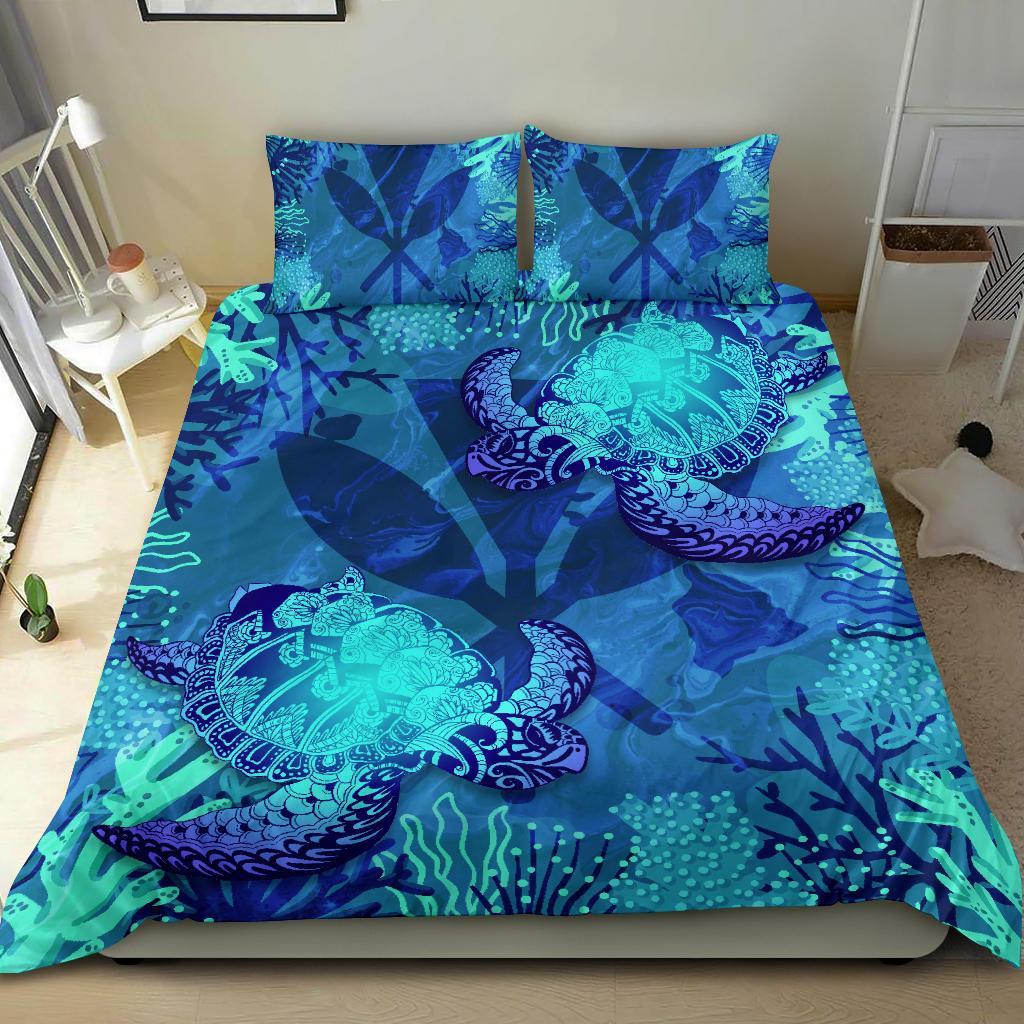 Polynesian Bedding Set - Hawaii Turtle Duvet Cover Set Kanaka Maoli Flag Blue - Polynesian Pride