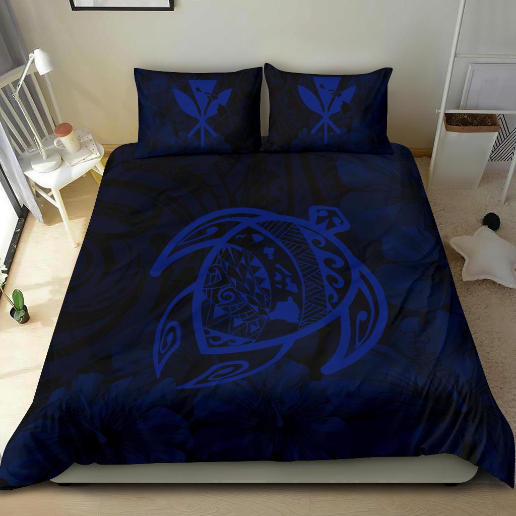Hawaiian Map Turtle Kanaka Hibiscus Polynesian Bedding Set - Blue - Polynesian Pride