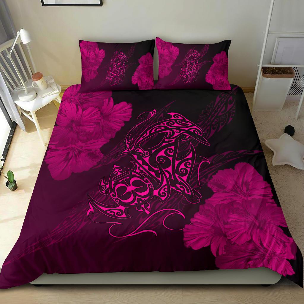 Hawaiian Hibiscus Dolphin Manta Ray Turtle Polynesian Bedding Set Waves Pink - Polynesian Pride