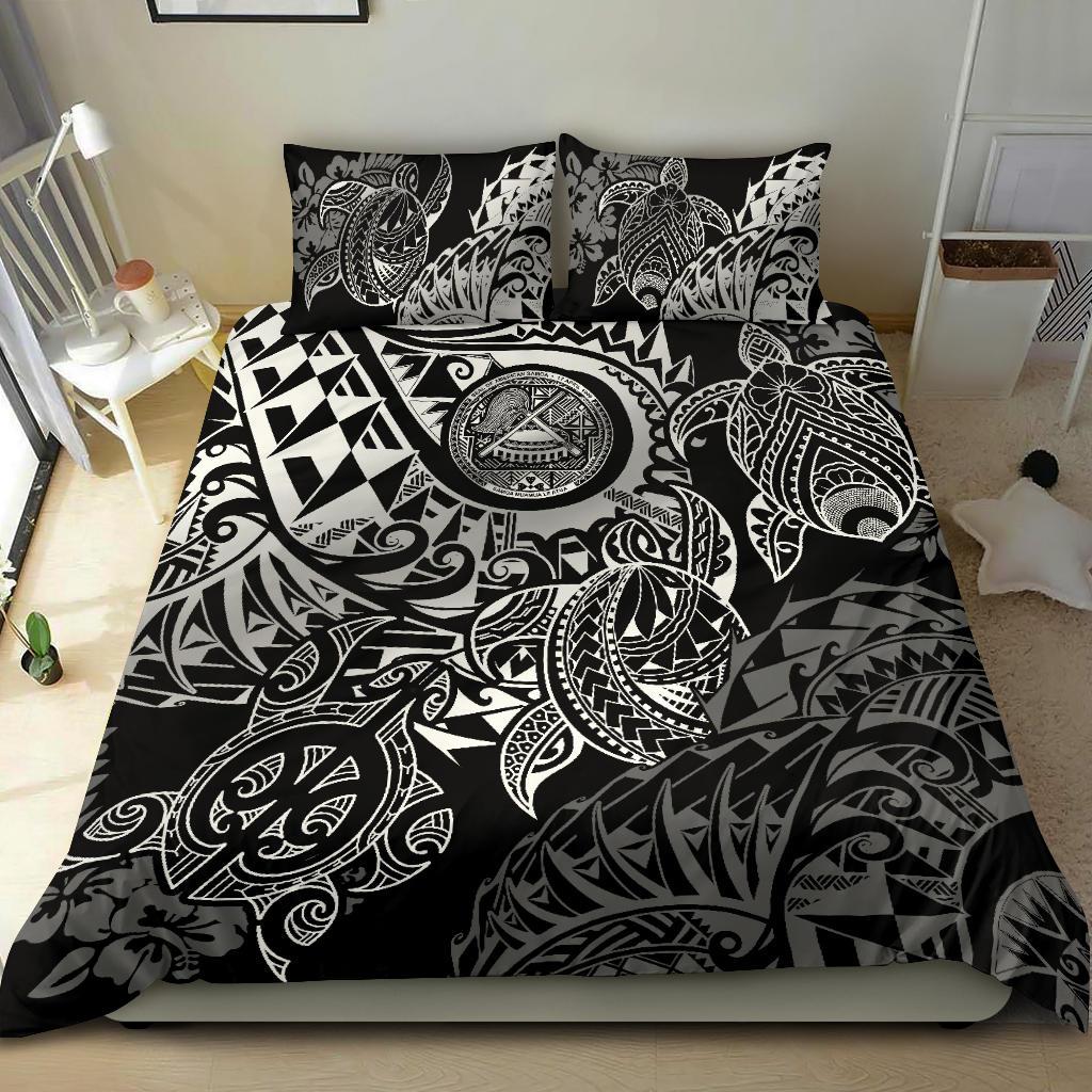 American Samoa Polynesian Duvet Cover Set - White Hibiscus Turtle Flowing BLACK - Polynesian Pride