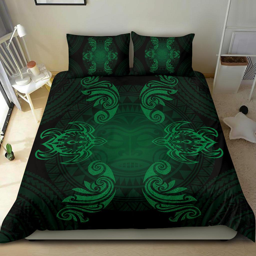 Hawaiian Turtles Tribal Mask Polynesian Bedding Set Green - Polynesian Pride