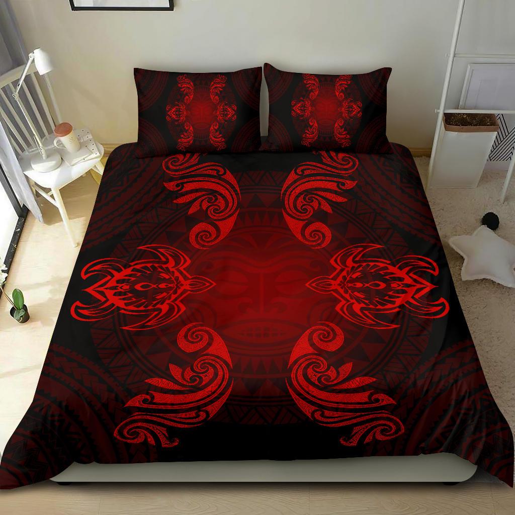 Hawaiian Turtles Tribal Mask Polynesian Bedding Set Red - Polynesian Pride