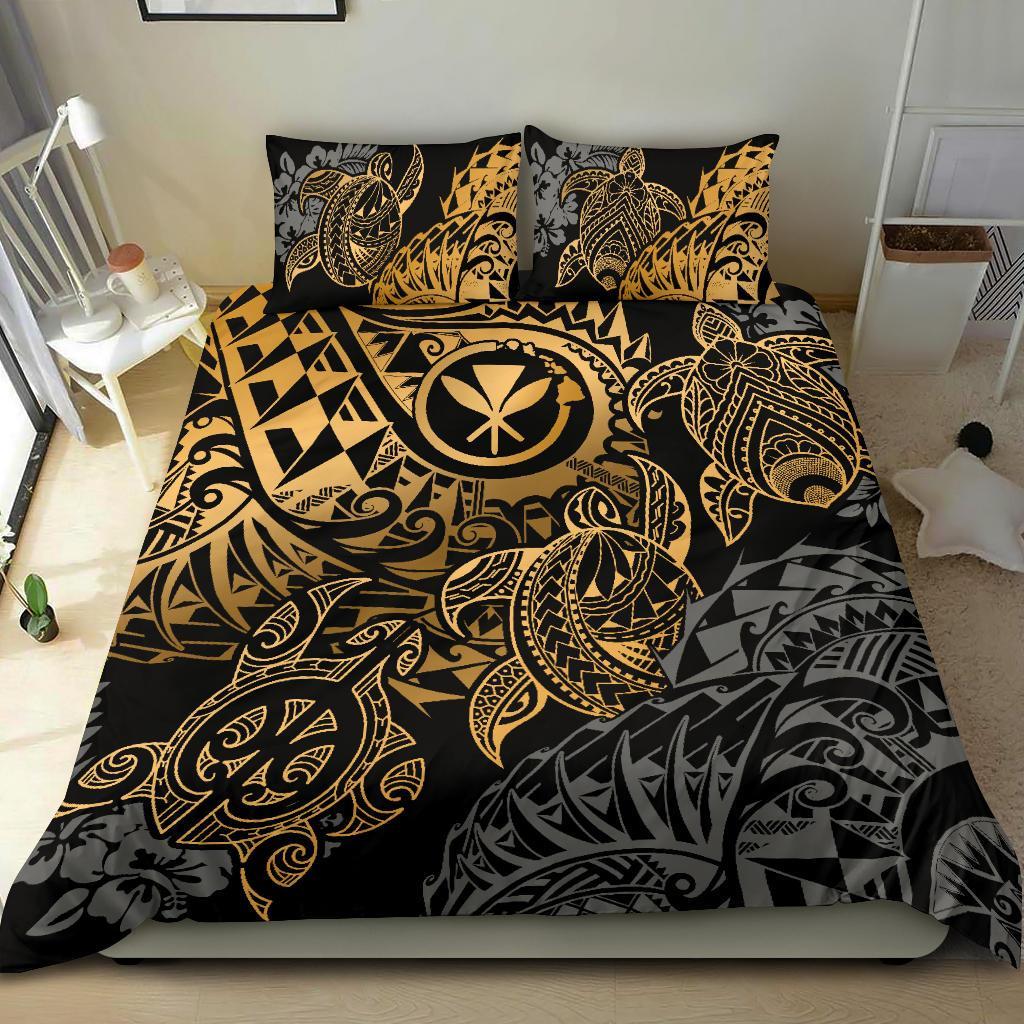 Polynesian Hawaii (Kanaka Maoli) Duvet Cover Set - Gold Hibiscus Turtle Flowing - Polynesian Pride