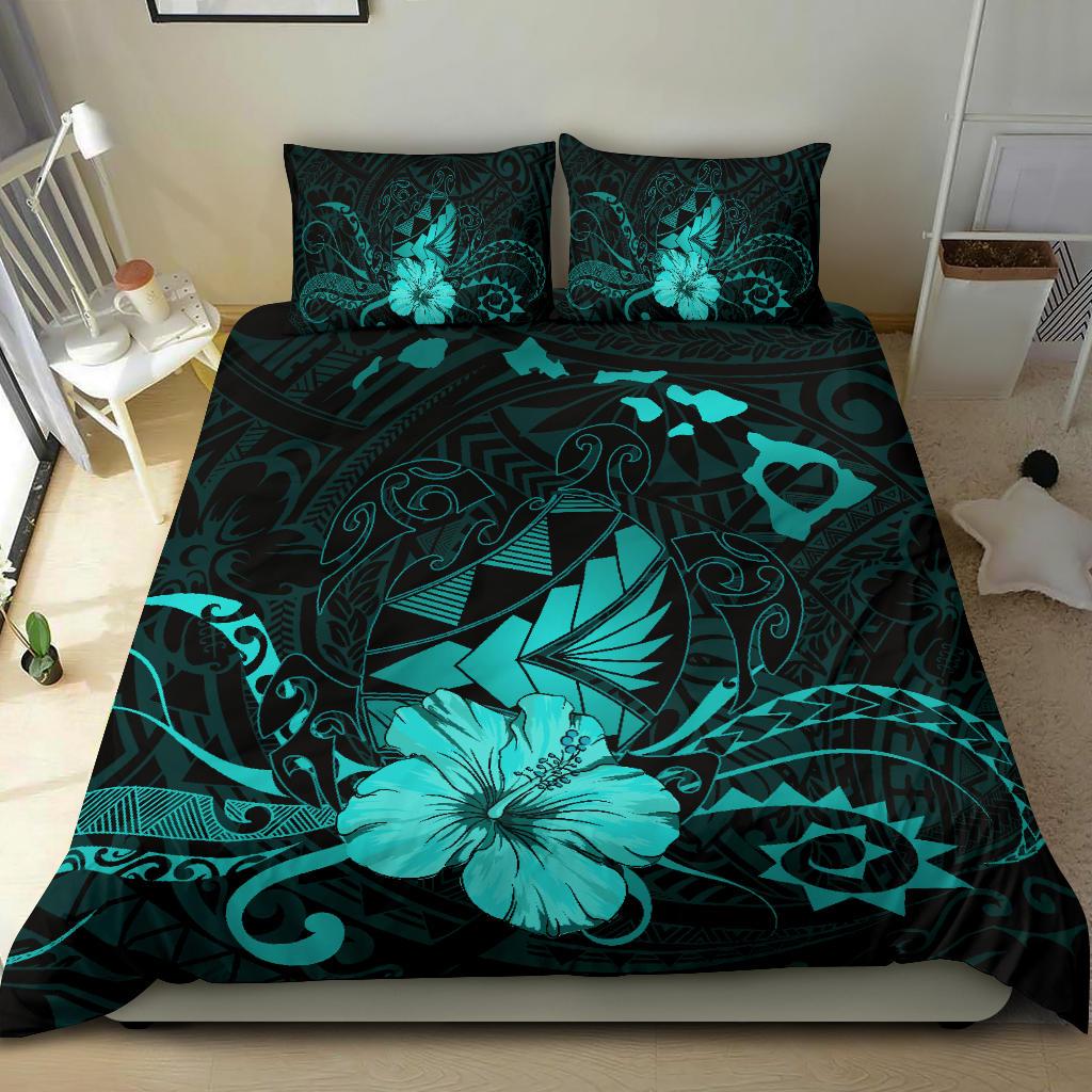 Hawaiian Map Heart Turtle Tattoo Hibiscus Polynesian Bedding Seto - Turquoise - Polynesian Pride