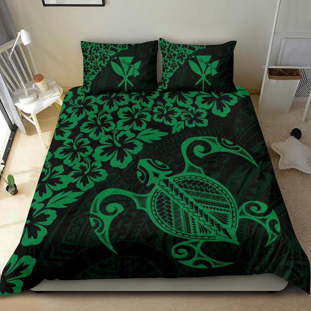 Hawaiian Map Turtle Hibiscus Kanaka Polynesian Bedding Set - Green - Polynesian Pride