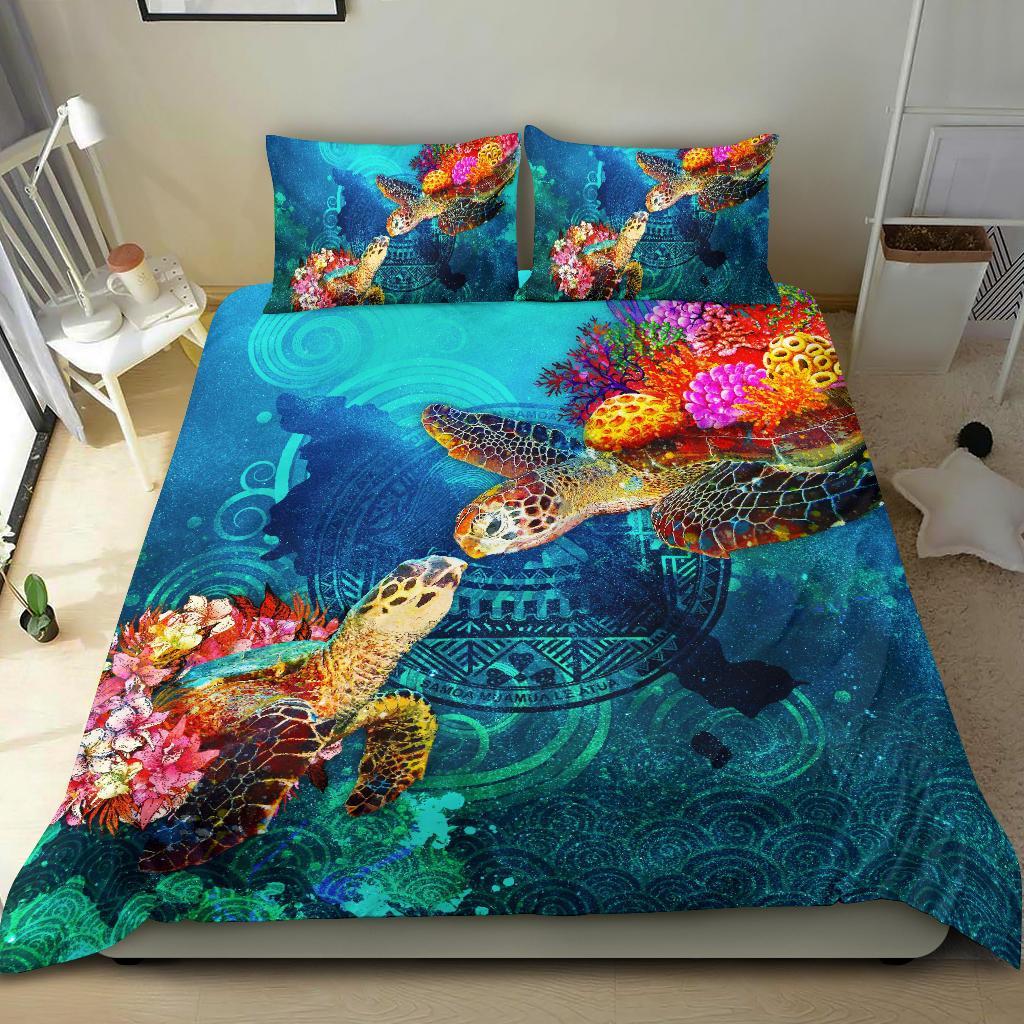 American Samoa Polynesian Duvet Cover Set - Turtle American Samoa Map Blue - Polynesian Pride