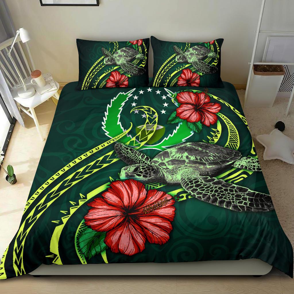 Polynesian Bedding Set - Pohnpei Micronesia Duvet Cover Set Green Turtle Hibiscus Green - Polynesian Pride