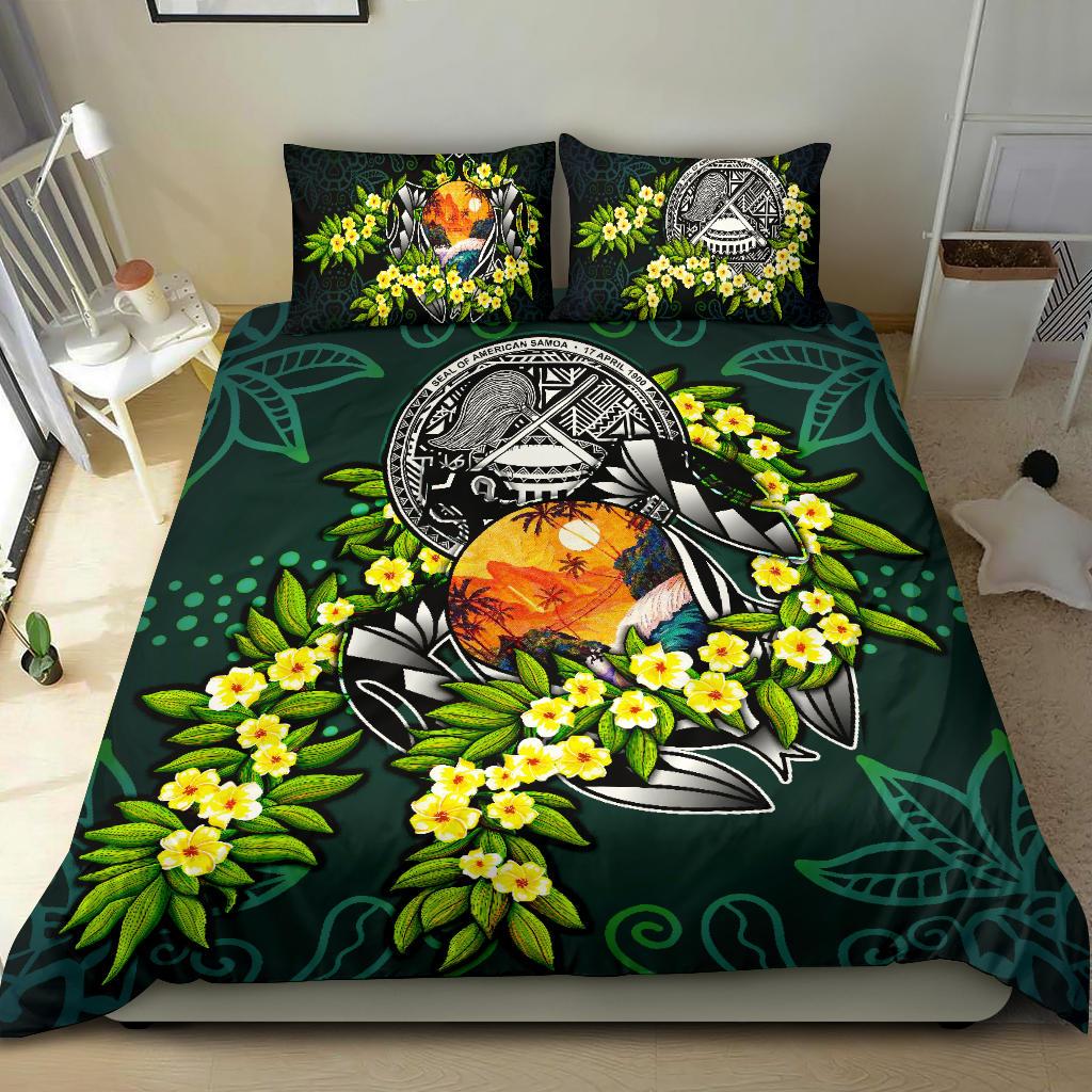 Polynesian Bedding Set - American Samoa Duvet Cover Set - Ti Leaf Lei Turtle Green - Polynesian Pride