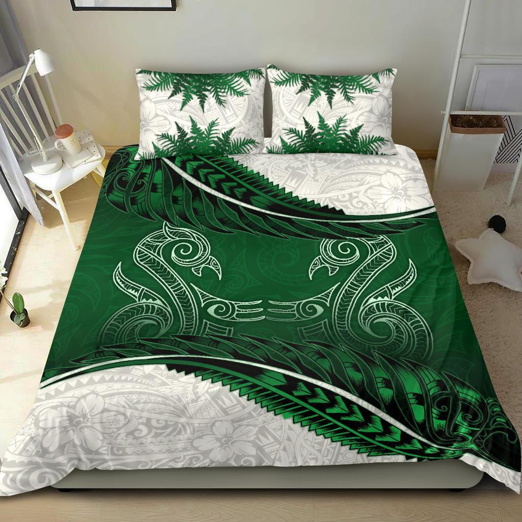 New Zealand Bedding Set Green Manaia Maori - Silver Fern Duvet Cover And Pillow Case - Polynesian Pride