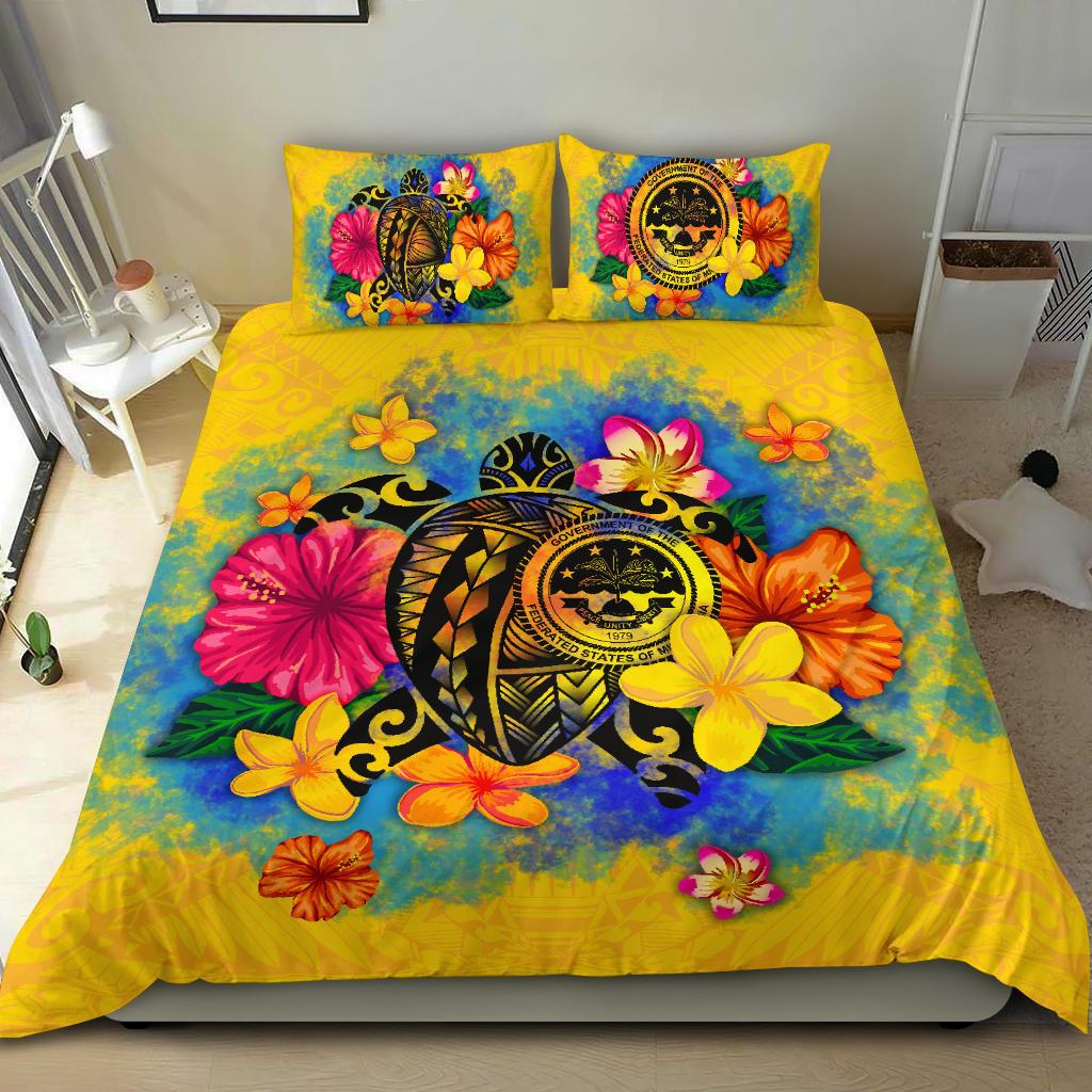 Federated States of Micronesia Polynesian Bedding Set - Turtle with Plumeria and Hibiscus Yellow - Polynesian Pride