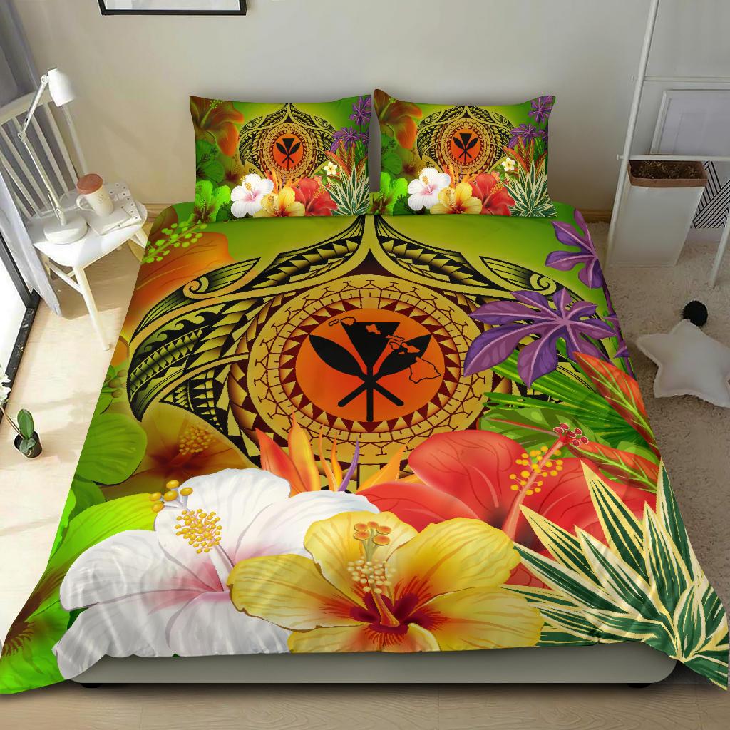 Hawaii Polynesian Bedding Set - Kanaka Maoli Manta Ray Tropical Flowers (Reggae) - Polynesian Pride