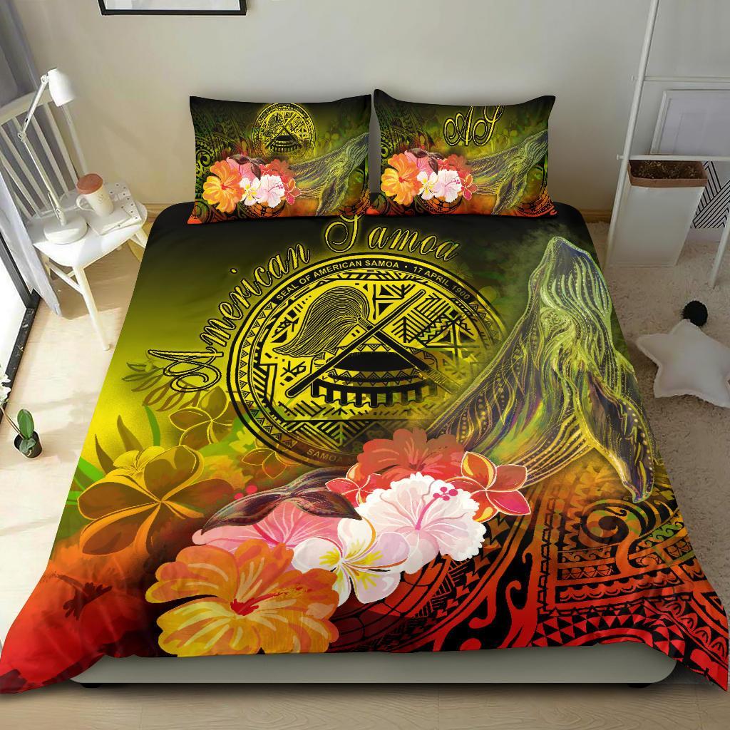 American Samoa Polynesian Bedding Set - Humpback Whale with Tropical Flowers Yellow - Polynesian Pride