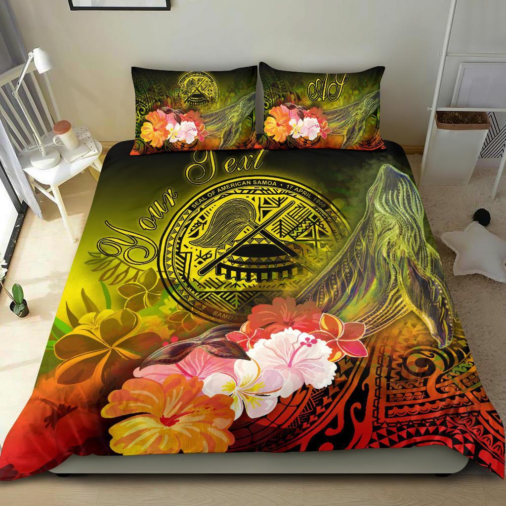 American Samoa Polynesian Custom Personalised Bedding Set - Humpback Whale with Tropical Flowers Yellow - Polynesian Pride