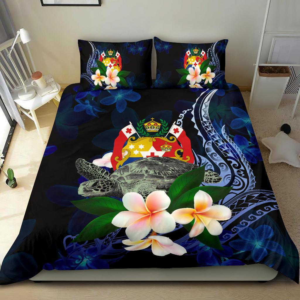 Tonga Polynesian Bedding Set - Turtle With Plumeria Flowers Blue - Polynesian Pride