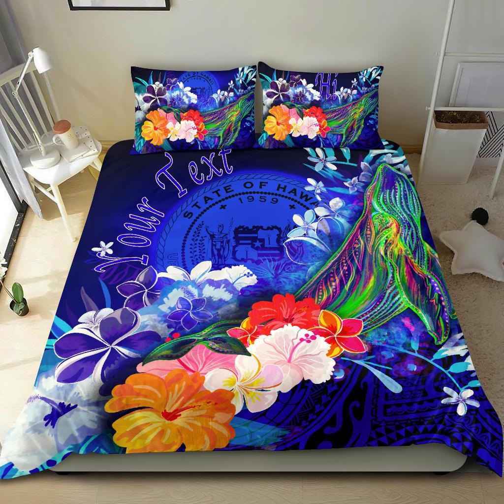 Polynesian Hawaii Custom Personalised Bedding Set - Humpback Whale with Tropical Flowers (Blue) Blue - Polynesian Pride