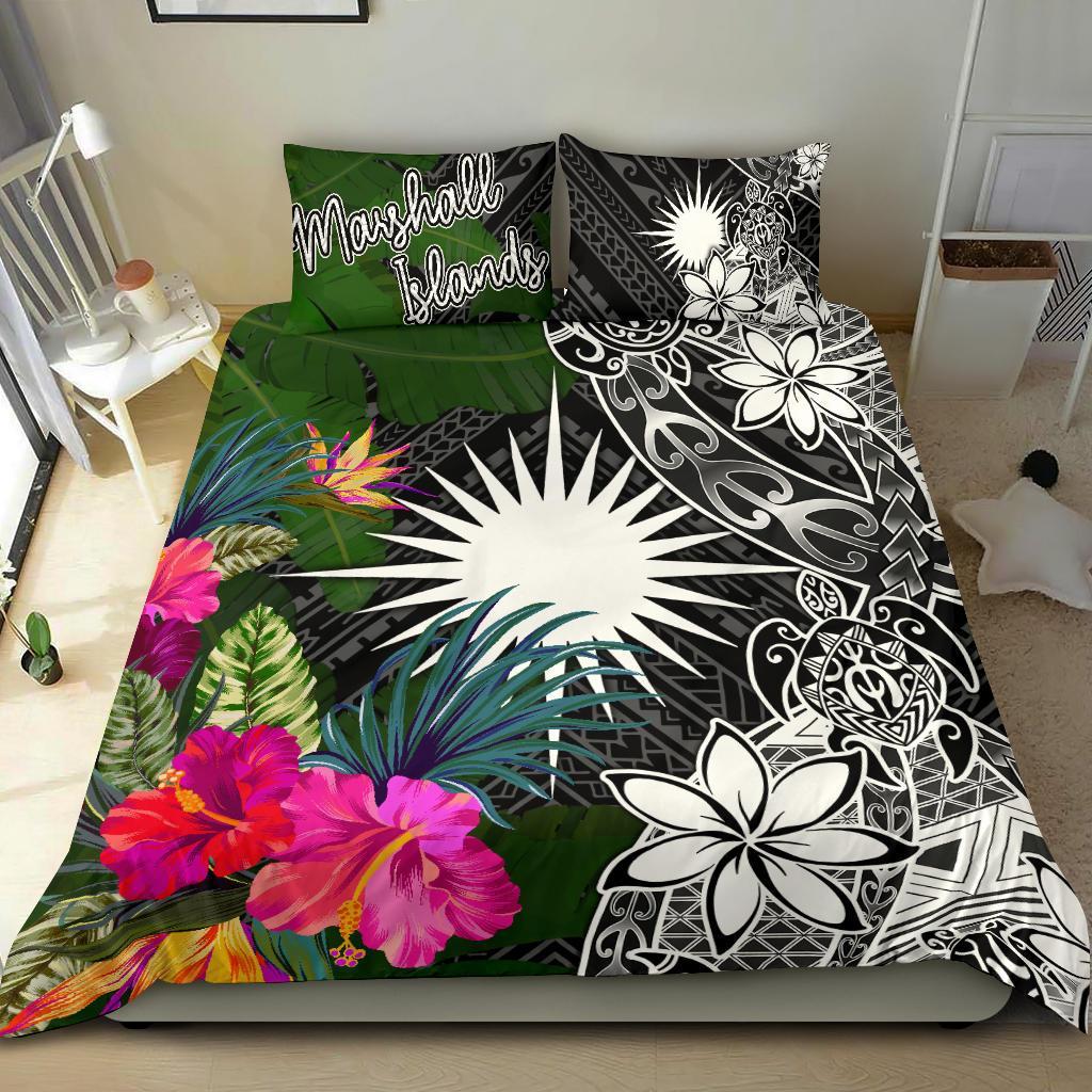 Marshall Islands Bedding Set - Turtle Plumeria Banana Leaf Black - Polynesian Pride