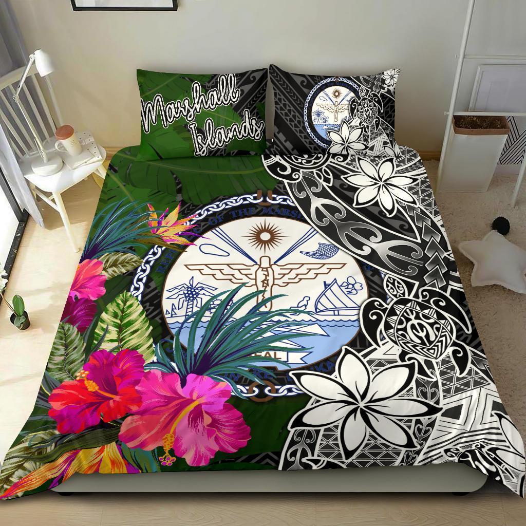 Marshall Islands Bedding Set - Turtle Plumeria Banana Leaf Crest Black - Polynesian Pride