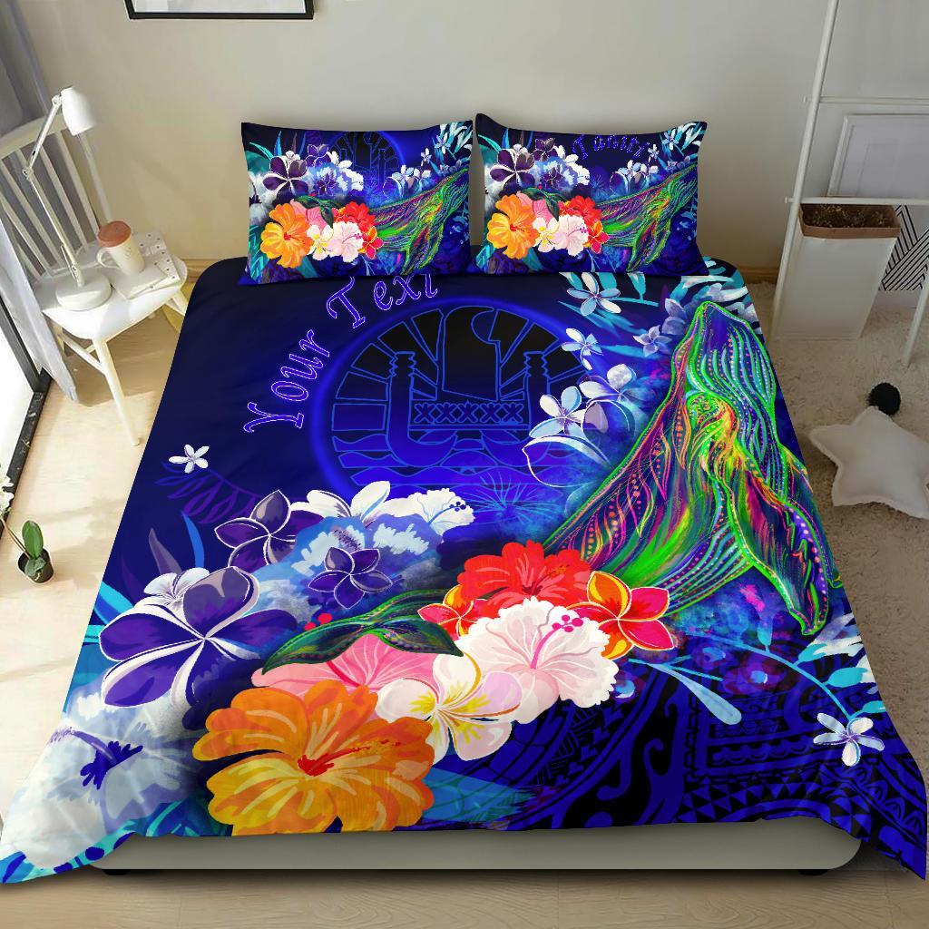 Tahiti Custom Personalised Bedding Set - Humpback Whale with Tropical Flowers (Blue) Blue - Polynesian Pride