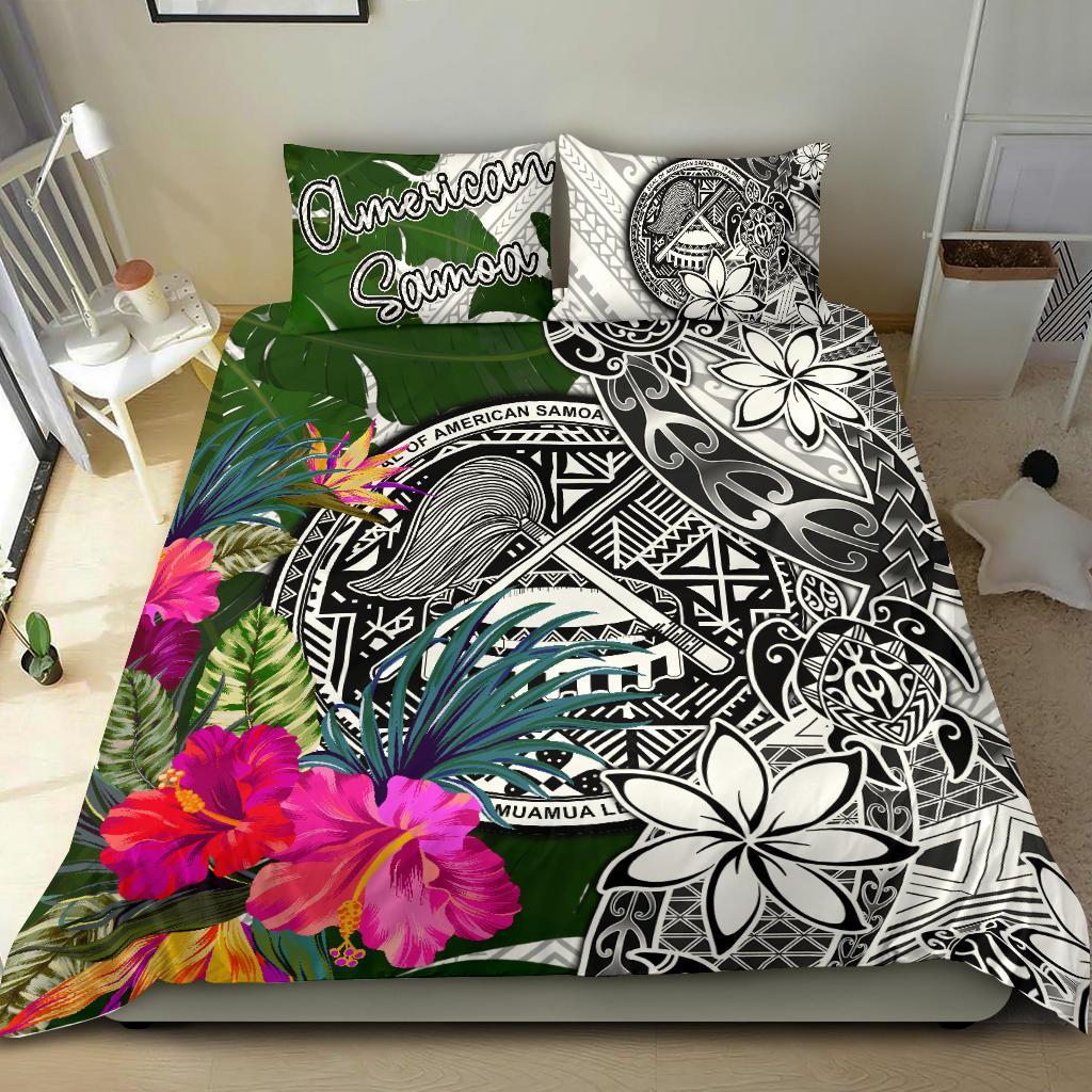 American Samoa Bedding Set White - Turtle Plumeria Banana Leaf - Polynesian Pride
