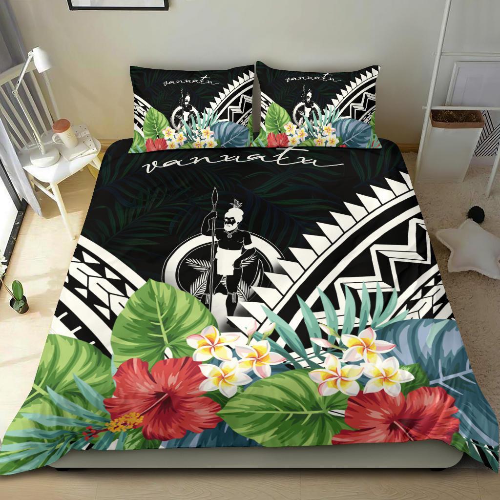 Vanuatu Bedding Set - Vanuatu Coat of Arms & Polynesian Tropical Flowers White - Polynesian Pride