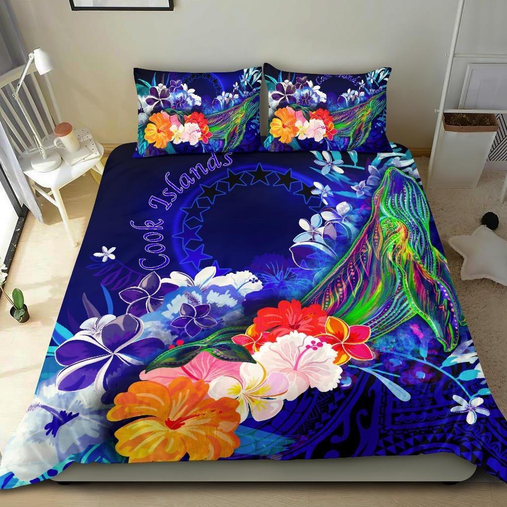 Cook Islands Bedding Set - Humpback Whale with Tropical Flowers (Blue) Blue - Polynesian Pride