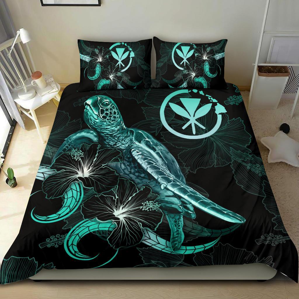 Hawaii Polynesian Bedding Set - Turtle With Blooming Hibiscus Turquoise - Polynesian Pride