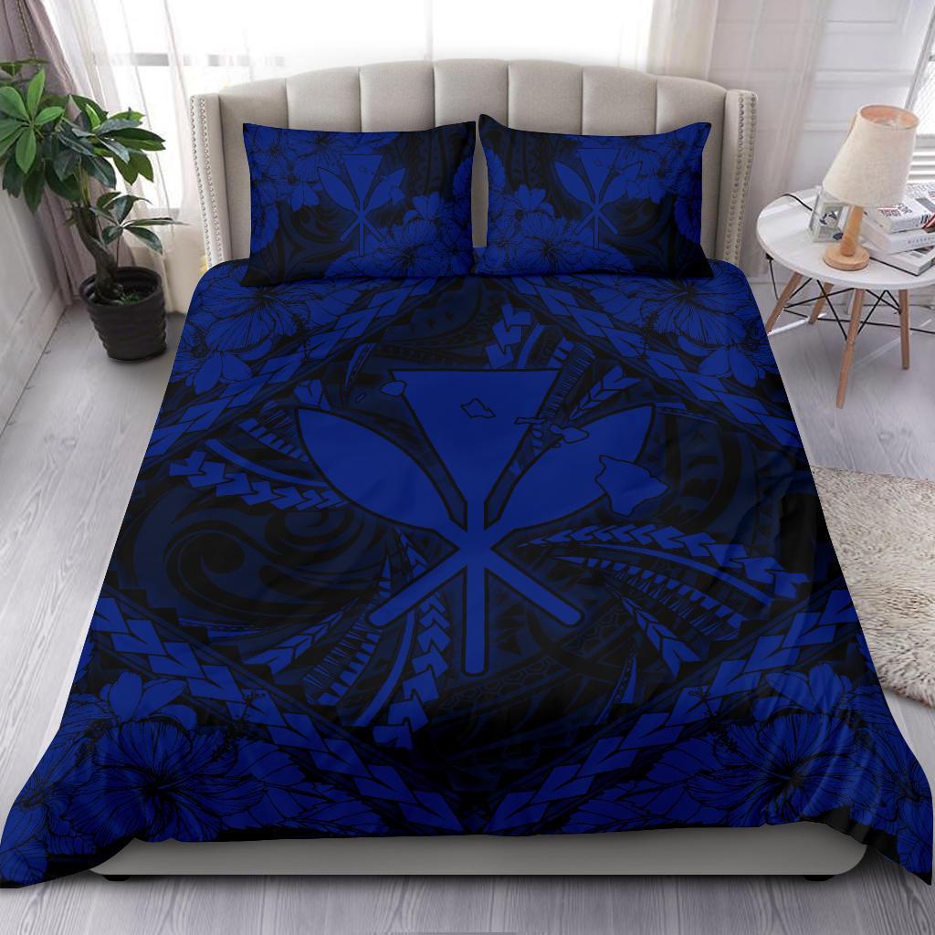 Hawaiian Map Kanaka Hibiscus Blue Polynesian Bedding Set - Polynesian Pride