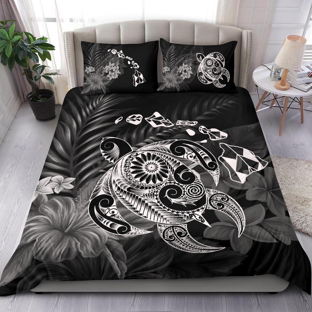 Hawaiian Map Turtle Tattoo Hibiscus Plumeria Polynesian Bedding Set - White - Polynesian Pride