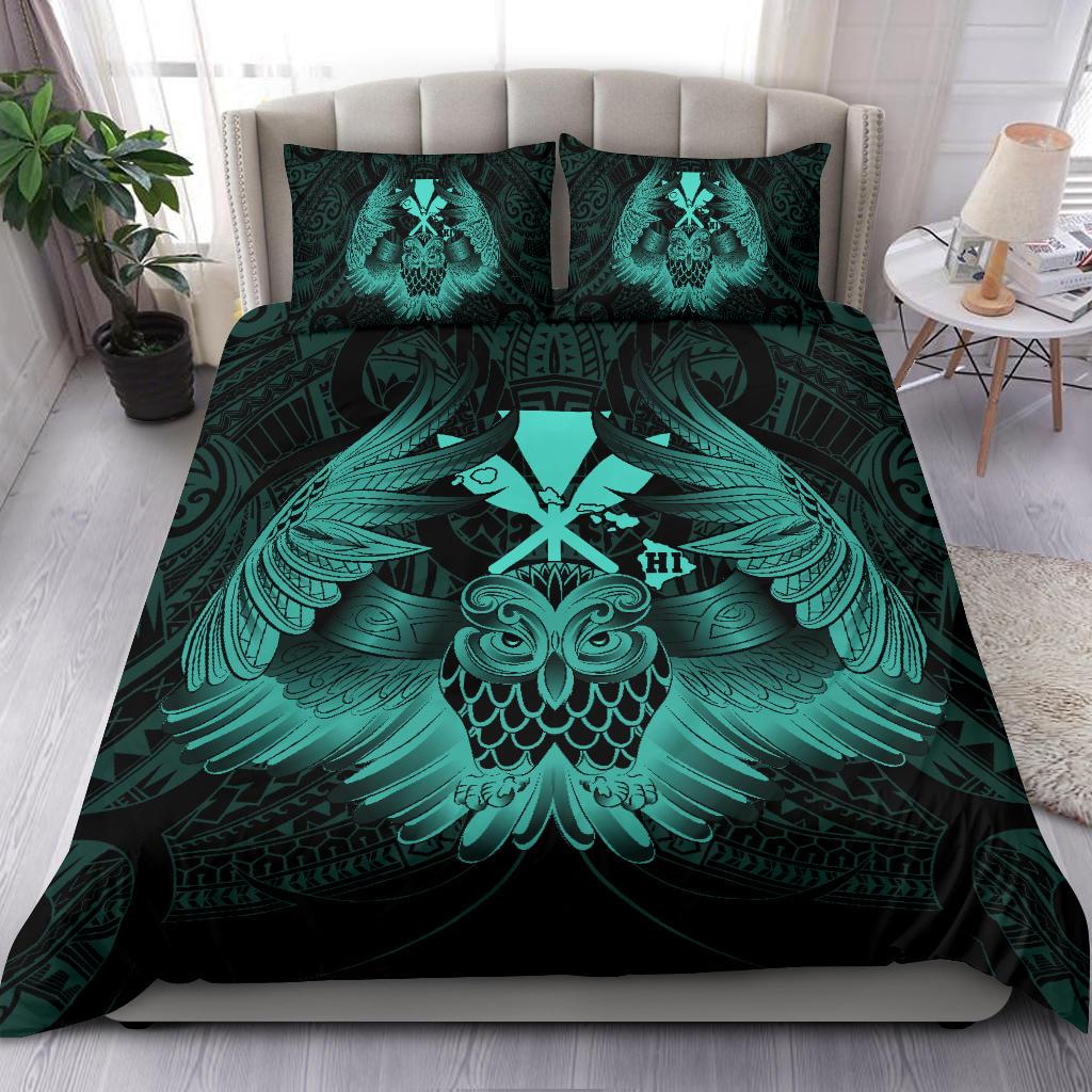 Hawaiian Map Owl Kanaka Bedding Set - Pueo Aumakua - Turquoise - Polynesian Pride