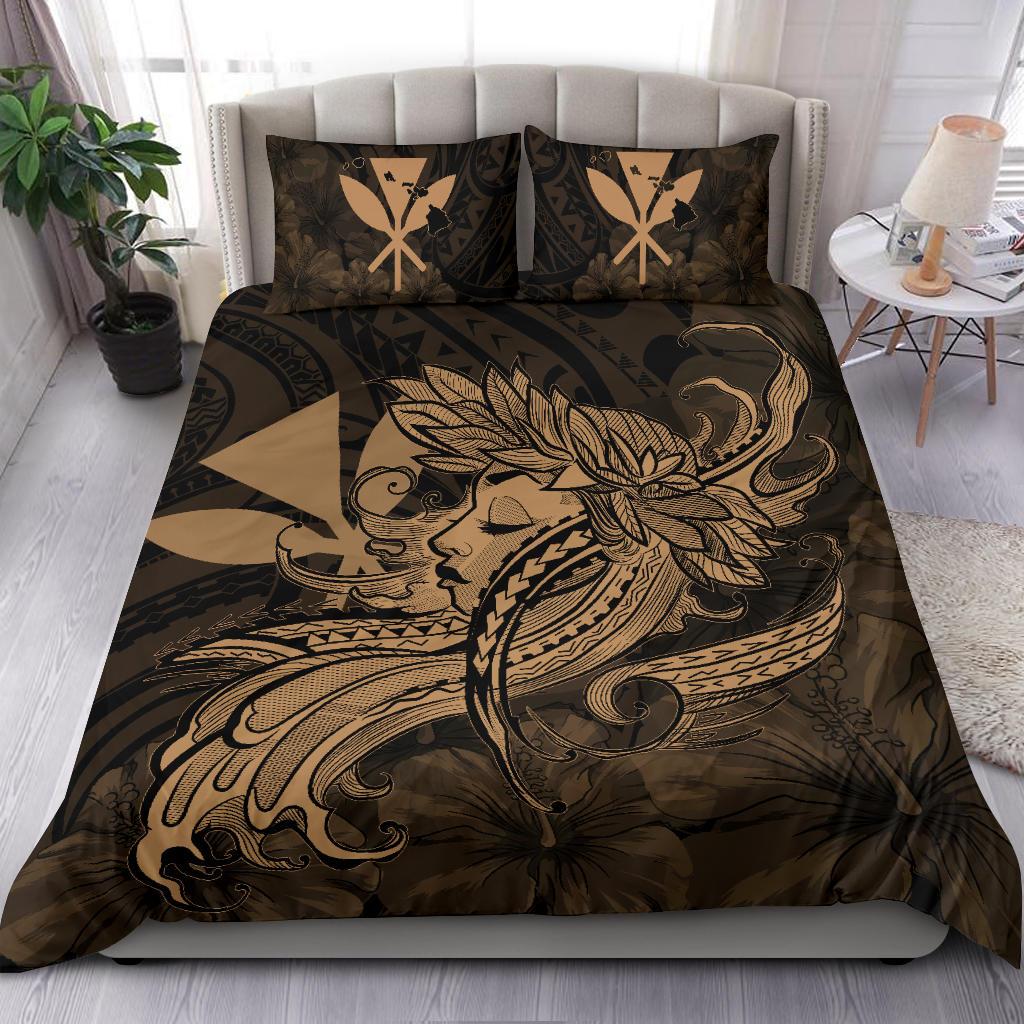 Hawaiian Map Hula Girl Hibiscus Kanaka Polynesian Bedding Set - Gold - Polynesian Pride