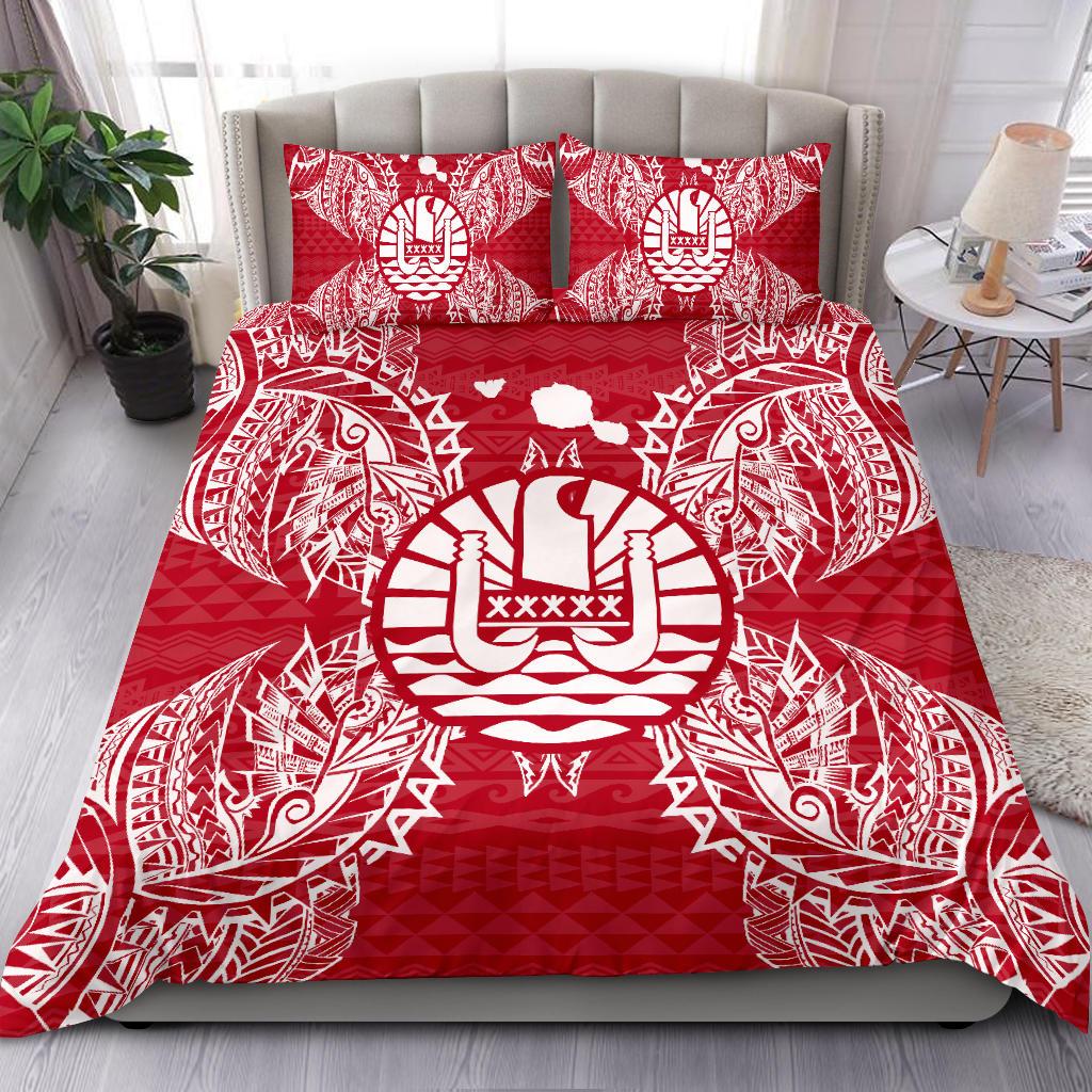 Polynesian Bedding Set - French Polynesia Duvet Cover Set Map Red White Red - Polynesian Pride