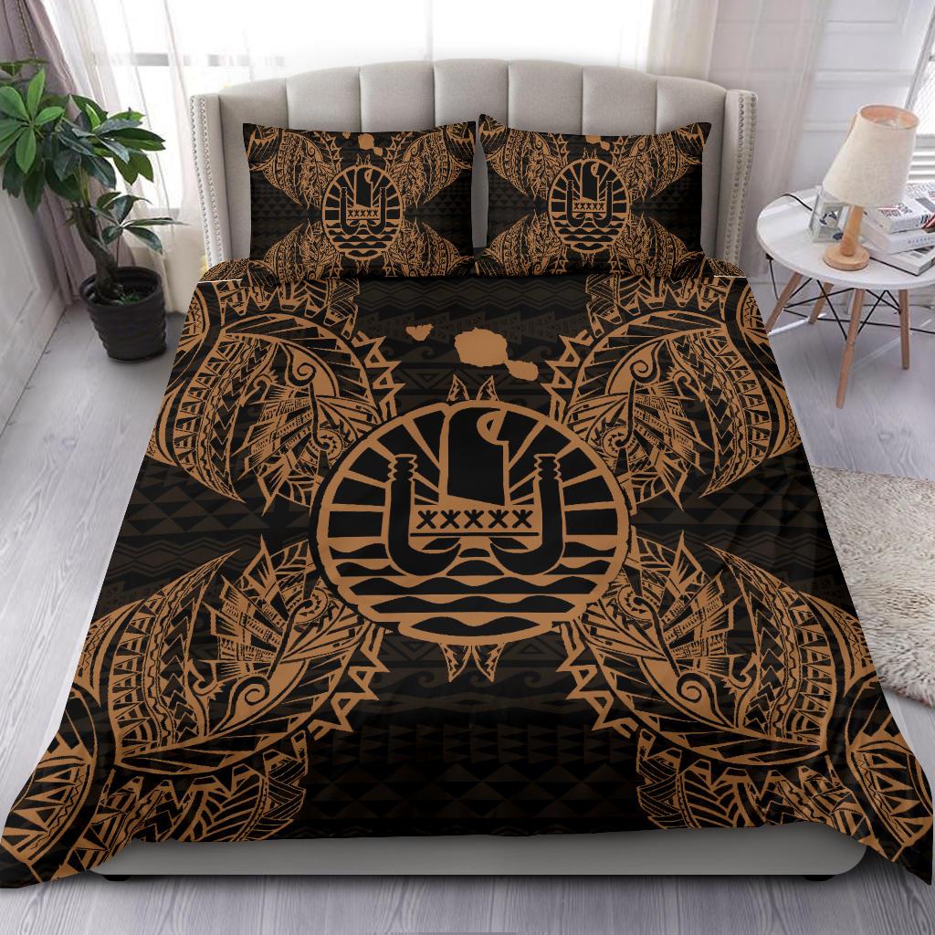 Polynesian Bedding Set - French Polynesia Duvet Cover Set Map Gold 3 Pieces Gold - Polynesian Pride