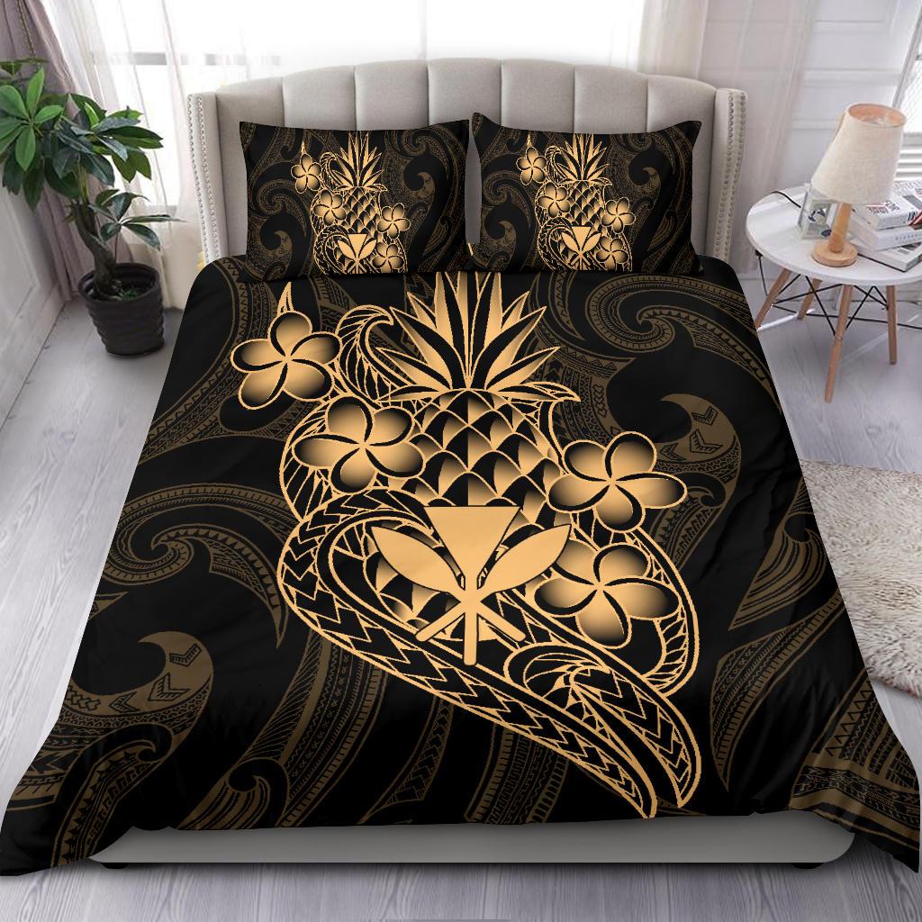 Polynesian Bedding Set - Hawaii Duvet Cover Set Kanaka Maoli Gold Pineapple Black - Gold - Polynesian Pride