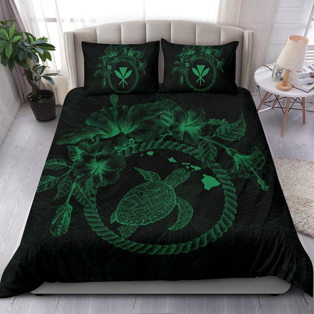 Polynesian Hawaii Bedding Set - Green Turtle Hibiscus Flower Frame Vintage Green - Black - Polynesian Pride