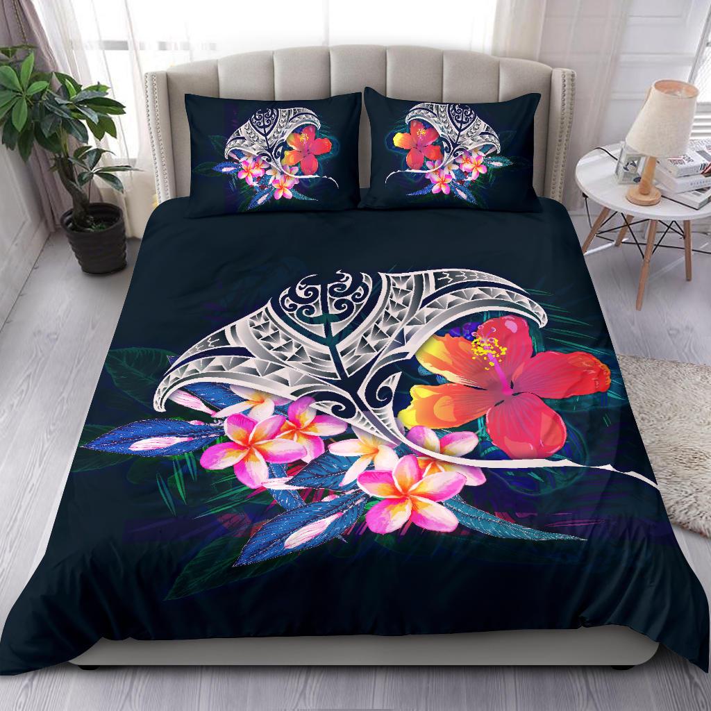 Polynesian Bedding Set - Manta Ray And Hibiscus Blue - Polynesian Pride