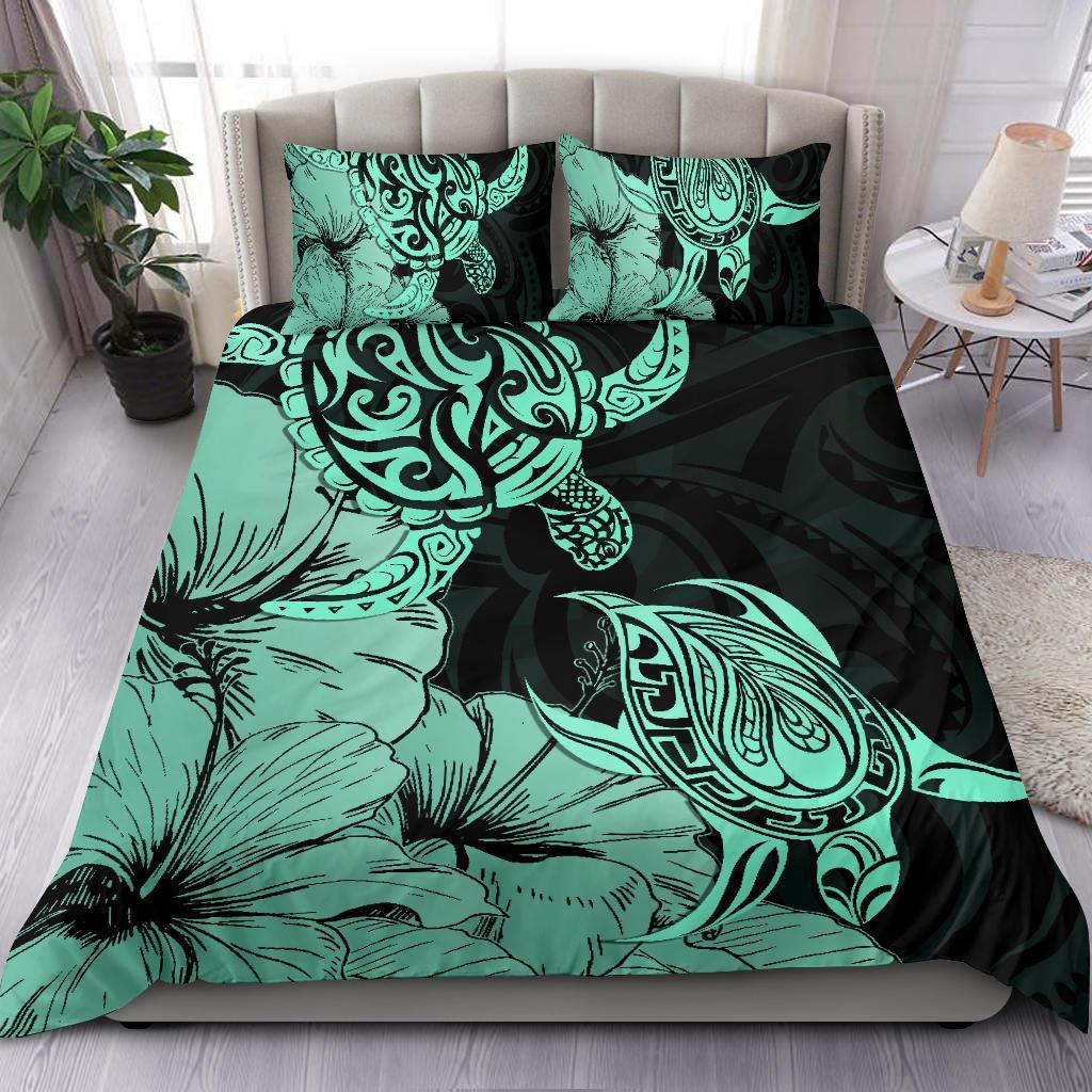 Hawaii Turtle Bedding Set Polynesian Hibiscus Art Turquoise AH - Polynesian Pride
