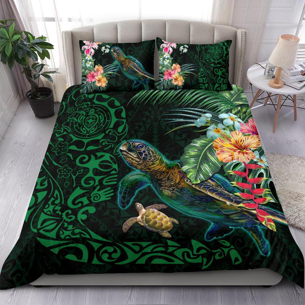 Tiki Polynesian Bedding Set Turtle Hibiscus - Green Green - Polynesian Pride