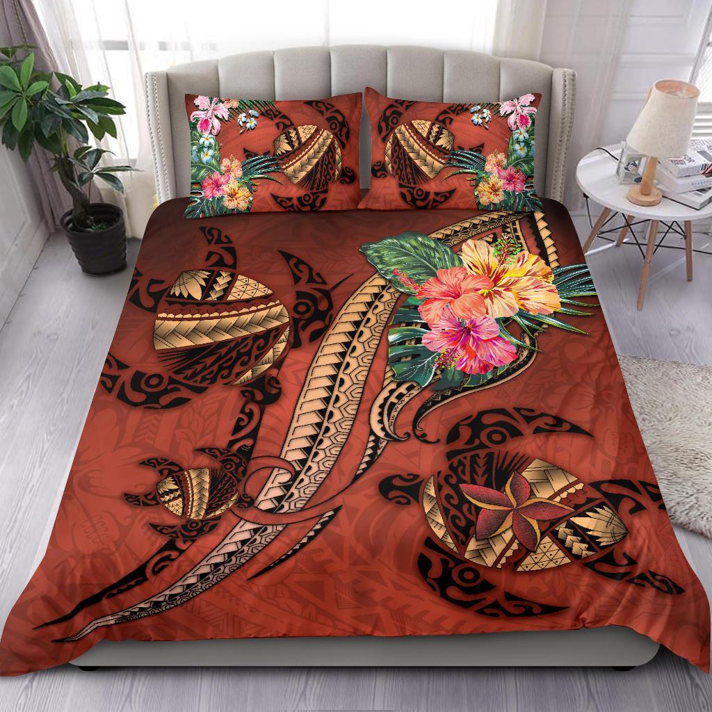 Polynesian Turtle Bedding Set - Tribal Tattoo With Hibiscus Coral Coral - Polynesian Pride