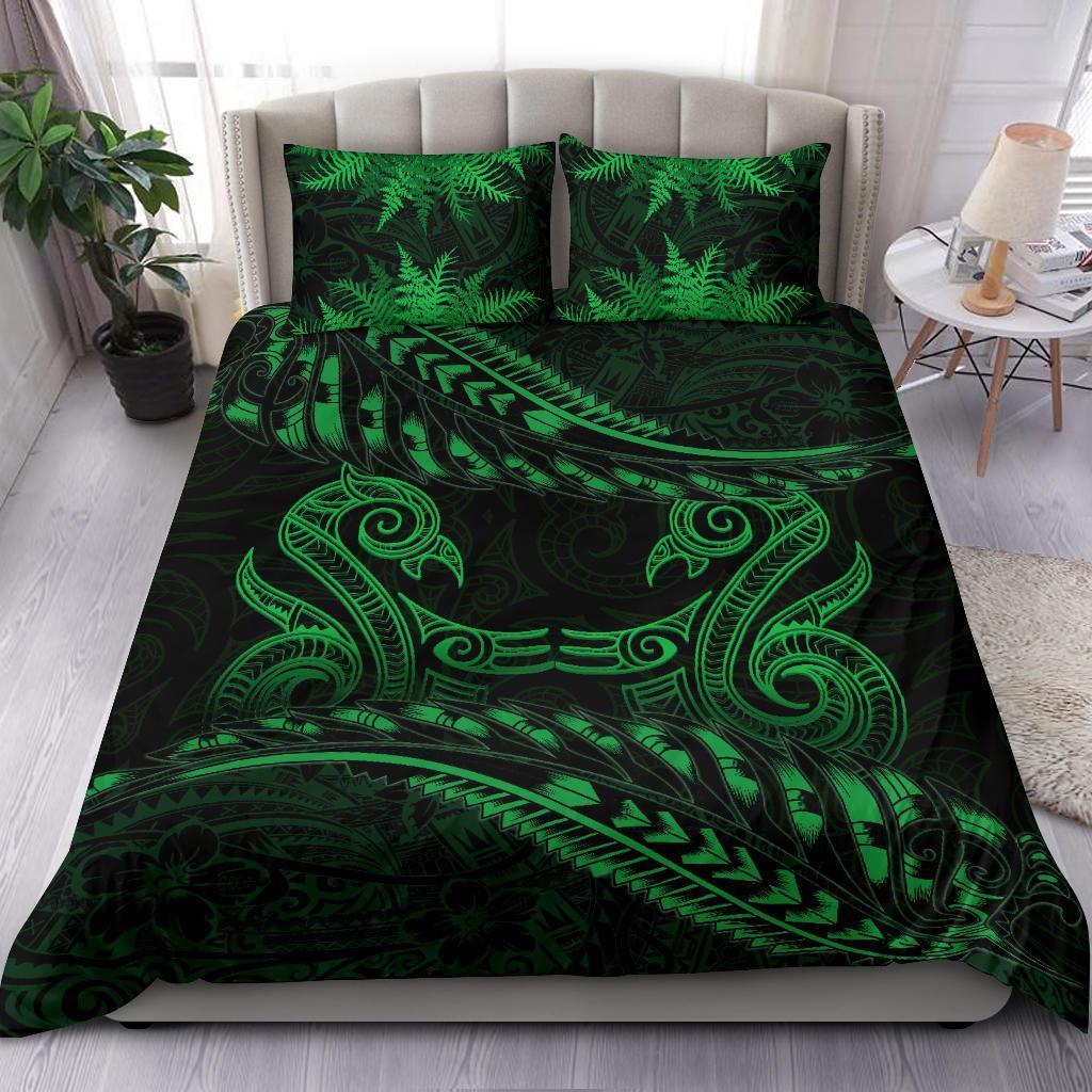 New Zealand Bedding Set Green Manaia Maori - Silver Fern Duvet Cover Art - Polynesian Pride