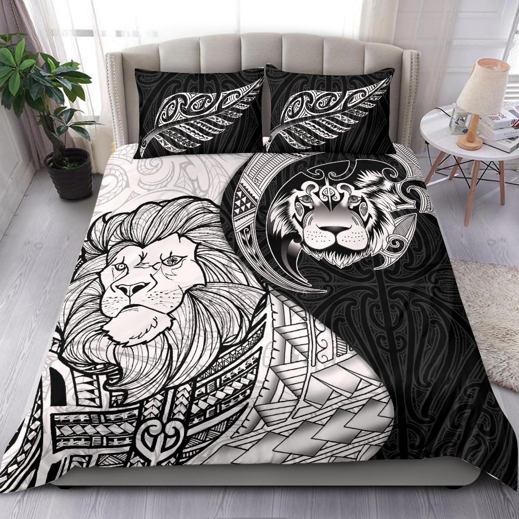 Lion Maori Tattoo, Silver Fern Bedding Set Black - Polynesian Pride