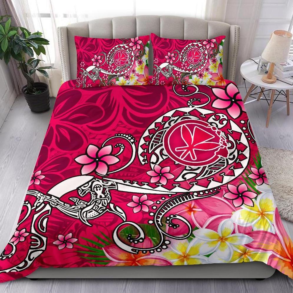 Hawaii Bedding Set - Turtle Plumeria Polynesian Tattoo Pink Color Pink - Polynesian Pride