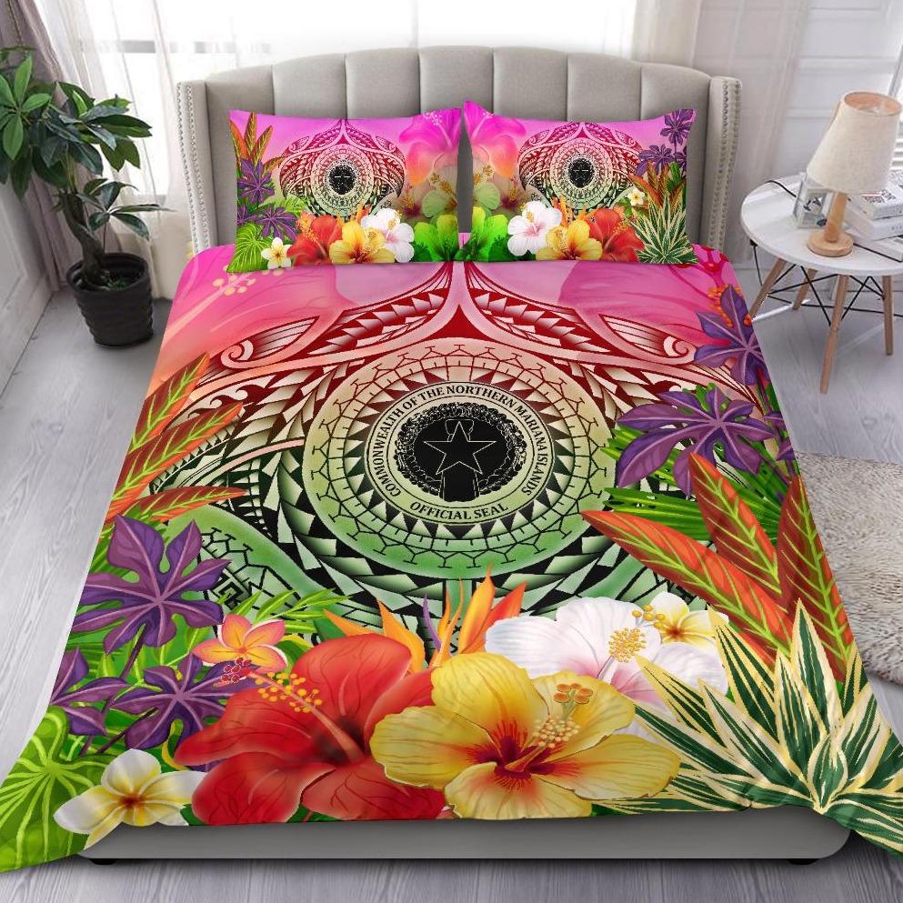 Northern Mariana Islands Polynesian Bedding Set - Manta Ray Tropical Flowers Pink - Polynesian Pride