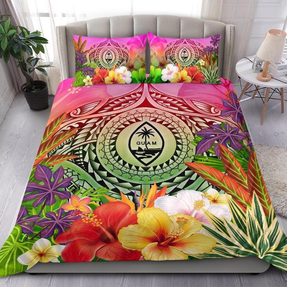 Guam Polynesian Bedding Set - Manta Ray Tropical Flowers Pink - Polynesian Pride