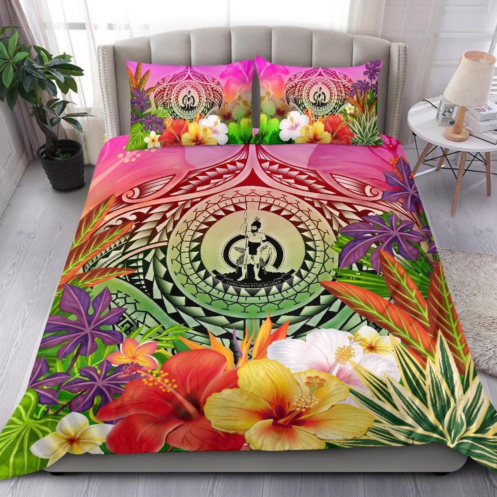 Vanuatu Polynesian Bedding Set - Manta Ray Tropical Flowers Pink - Polynesian Pride