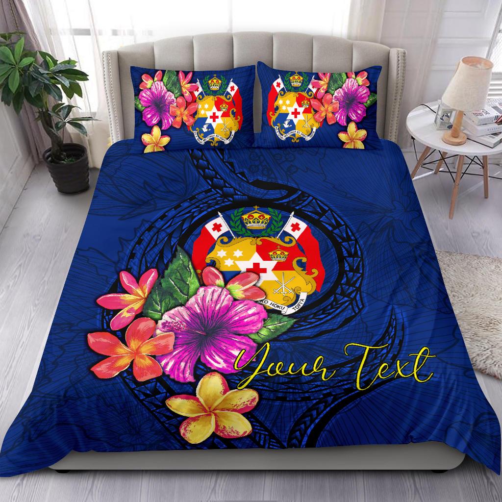 Polynesian Custom Personalised Bedding Set - Tonga Duvet Cover Set Floral With Seal Blue Blue - Polynesian Pride