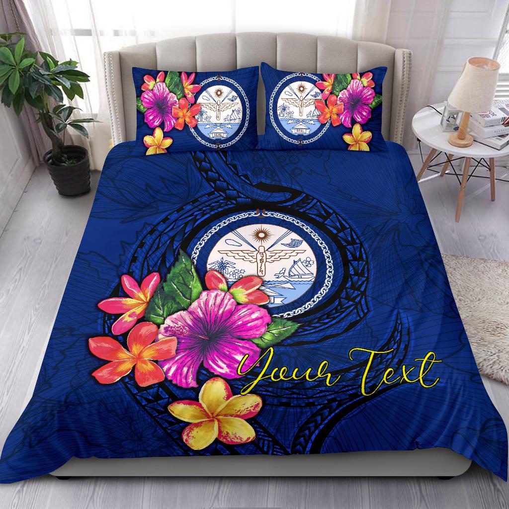 Polynesian Custom Personalised Bedding Set - Marshall Islands Duvet Cover Set Floral With Seal Blue Blue - Polynesian Pride